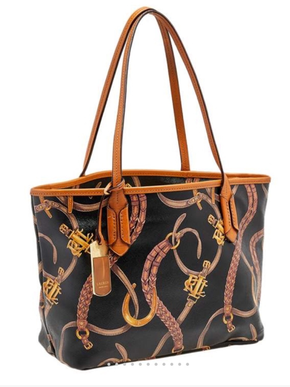 Lauren Ralph Lauren Caldwell Belting Tote Bag zip Black Brown Equestrian leather